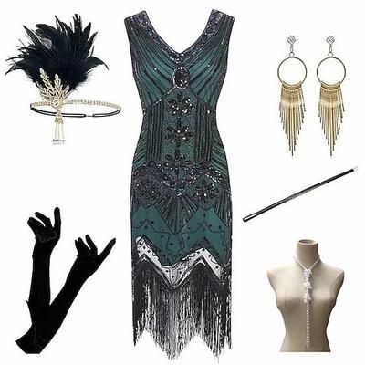 Anni Ruggenti Anni 1920 Lunghezza al ginocchio Vestito Abito Flapper Abiti Senza maniche Il grande Gatsby Charleston Taglie Forti Frangia con nappe Piuma Scollo a V Costume Per donna Carnevale