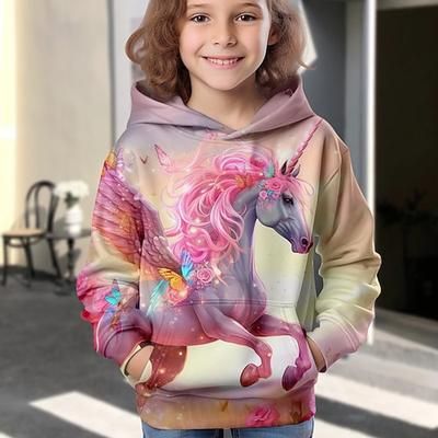 Da ragazza 3D Animali Unicorno Felpa con cappuccio Manica lunga Stampa 3D Primavera Autunno Inverno Di tendenza Streetwear Adorabile Bambino 3-12 anni Esterno Giornaliero Al coperto Standard