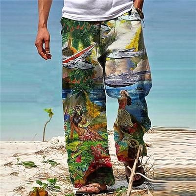 Per uomo Pantaloni Pantaloni estivi Pantaloni da spiaggia A cordoncino Vita elastica Gamba dritta Animali Piante Stampe astratte Comfort Informale Giornaliero Per eventi Hawaiano Originale Nero Giallo