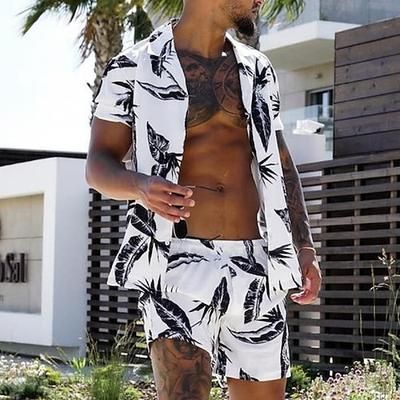 Per uomo Foglie Piante Tropicali 2 pezzi Set di camicie Camicia hawaiana estiva Manica Corta Pantaloni corti Collo ripiegato Moda Hawaiano Designer Vacanza Casuale Quotidiano Bottonato Primavera