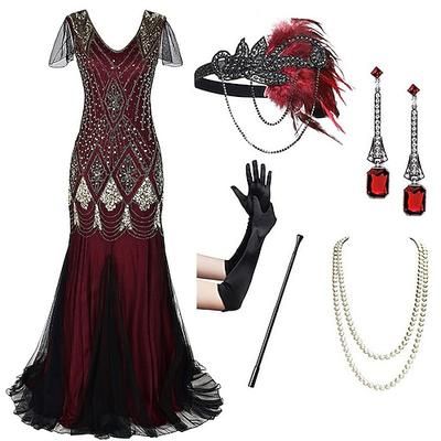 Anni Ruggenti Anni 1920 Lunghezza al pavimento Vestito Abito da sera Abiti Maniche corte Il grande Gatsby Invitato al matrimonio Paillettes Scollo a V Costume Per donna Festa serale Abbigliamento da