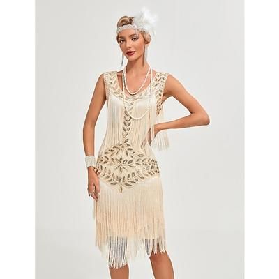 Anni Ruggenti Anni 1920 Lunghezza al ginocchio Vestito Abito Flapper Senza maniche Il grande Gatsby Charleston Invitato al matrimonio Paillettes Frangia con nappe Scollo Tondo Costume Per donna