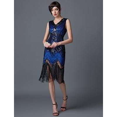 Anni Ruggenti Anni 1920 Lunghezza al ginocchio Vestito Abito Flapper Costumi di Halloween Senza maniche Il grande Gatsby Charleston Invitato al matrimonio Paillettes Patchwork Ricamato Scollo a V