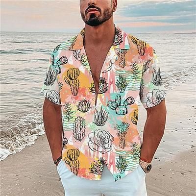 Per uomo Cactus Piante Tropicali Camicia Camicia hawaiana estiva Camicia Aloha Manica Corta Camicia Collo ripiegato Moda Designer Casual All'aperto Streetwear Casuale Bianco Giallo Arancione Stampa 3D