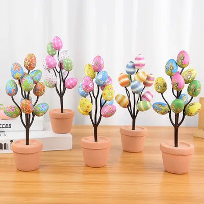 Colorful Easter Eggs Tree Branch DIY Painting Foam Bunny Eggs 2024 Easter Decoration For Home Kids Gift Party Fake Flower Plants