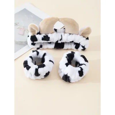 Plush Wash Face Headband Cow Print Spa Wrist Band Cuffs Women Girls Facial Makeup (Pattern position random)