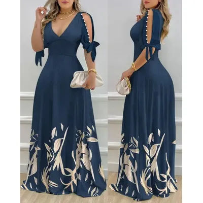Female Pearls Decor A Line Party Prom Dresses Ruffles Plants Prit Design Elegant Split Sleeve High Waist Maxi Dress for Women