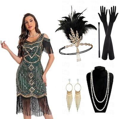 Anni Ruggenti Anni 1920 Lunghezza al ginocchio Vestito Abito Flapper Abiti Spalle scoperte Il grande Gatsby Invitato al matrimonio Paillettes Frangia con nappe Scollo a V Costume Per donna Festa