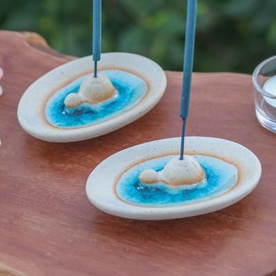 'Handcrafted Turtle-Themed Ceramic Incense Holders (Pair)'