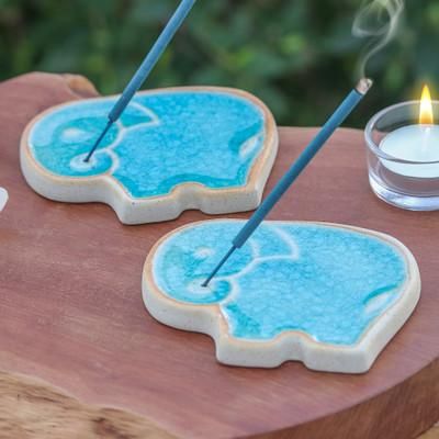 'Handcrafted Elephant-Shaped Blue Incense Holders (Pair)'
