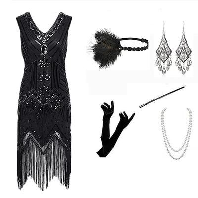 Anni Ruggenti Anni 1920 Lunghezza al ginocchio Lunghezza corta Vestito Abito Flapper Abiti Senza maniche Il grande Gatsby Invitato al matrimonio Paillettes Frangia con nappe Paillettes Scollo a V