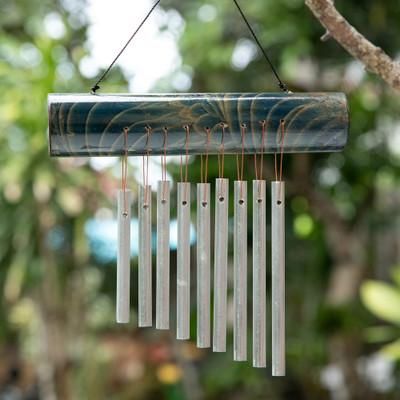 Early Morning Song in Blue,'Bamboo Wind Chime in Blue with Nine Aluminum Pipes from Bali'