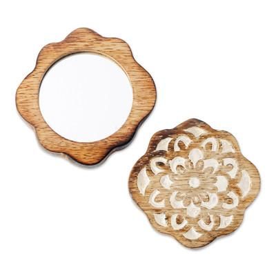 Floral Reflections,'Hand Carved Floral Wooden Hand Mirror from India'