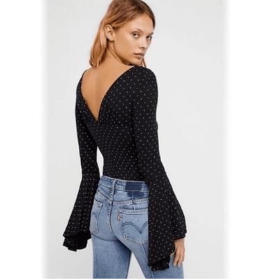 Free People Tops | Fp Black Bell Sleeve What A Babe Polka Dot Top S | Color: Black/White | Size: S
