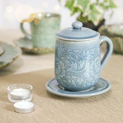Luxury Peony in Blue,'Classic Crackled Blue Celadon Ceramic Covered Cup and Saucer'