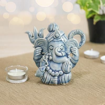 Ganesha Divinity,'Traditional Crackled Blue Celadon Ceramic Ganesha Sculpture'
