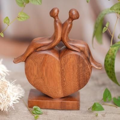'Heart-Shaped Inspirational Suar Wood Sculpture from Bali'
