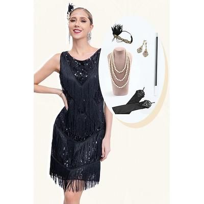 Anni Ruggenti Anni 1920 Lunghezza al ginocchio Abito Flapper Abiti Abito da cocktail Senza maniche Il grande Gatsby Ragazza Flapper Invitato al matrimonio Paillettes Scollo a V Costume Per donna
