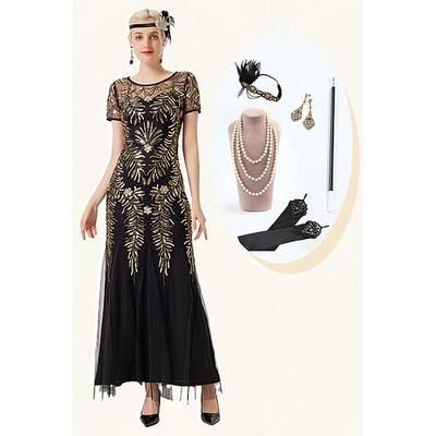 Anni Ruggenti Anni 1920 Lunghezza alla caviglia Abito da sera Abiti Abito da cocktail Maniche corte Il grande Gatsby Ragazza Flapper Invitato al matrimonio Paillettes Scollo Tondo Costume Per donna