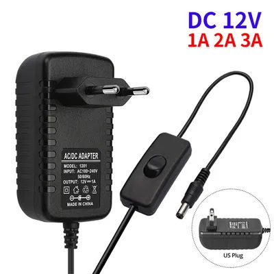 12V Power Supply Adapter with Switch EU/US Plug Charger Converter AC 100-240V To DC 12V LED Lighting Transformer Driver 1A 2A 3A