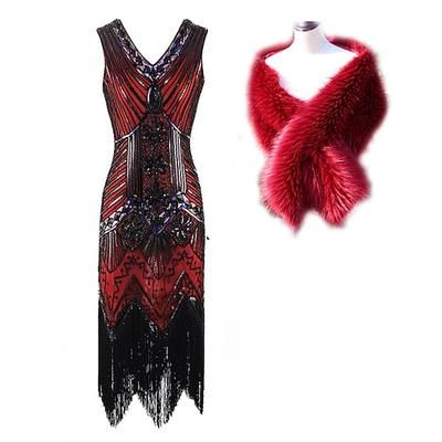 Anni Ruggenti Anni 1920 Lunghezza al ginocchio Vestito Abito Flapper Abiti Normale Senza maniche Il grande Gatsby Charleston Taglie Forti Invitato al matrimonio Paillettes Frangia con nappe Paillettes
