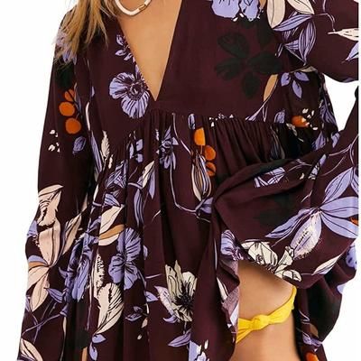 Free People Tops | Free People Bella Wine Floral Print Tunic Sz S | Color: Cream/Purple | Size: S