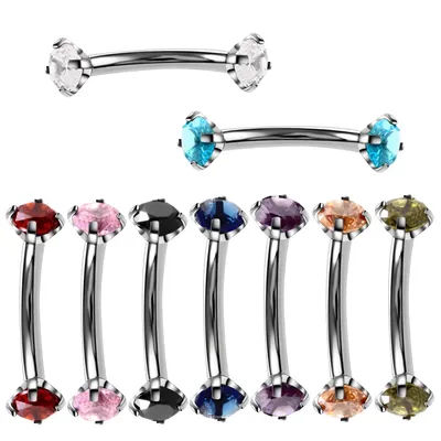 1pc Steel Eyebrow Rings 16G Internally Threaded Earring Tragus Crystal Eyebrow Ring Curved Barbell Piercing Double Gems 10Colors