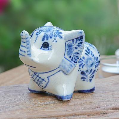 Little Joy,'Floral Elephant-Shaped Blue and White Ceramic Statuette'