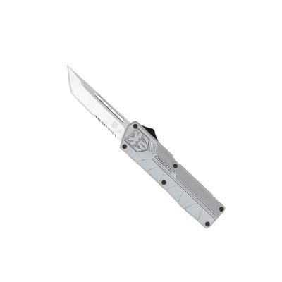 CobraTec Knives Lightweight OTF Automatic Folding Knives 3.25in D2 Steel Tanto Serrated Grey Handle GYCTLWTS