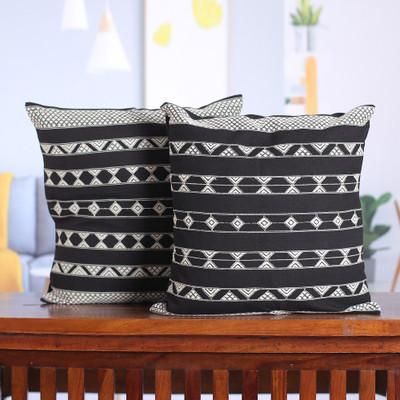Midnight Geometry,'Patterned Black and White Cotton Cushion Covers (Pair)'
