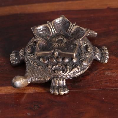 'Floral Turtle-Shaped Antiqued Brass Sculpture from India'