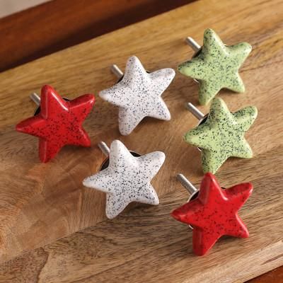 Merry Stars,'Set of 6 Handcrafted Star-Shaped Ceramic Cabinet Knobs'