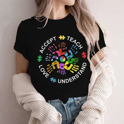Autism Awareness Shirt for Women Teach Accept Understand Love T-shirts Neurodivergent Tshirts Autism