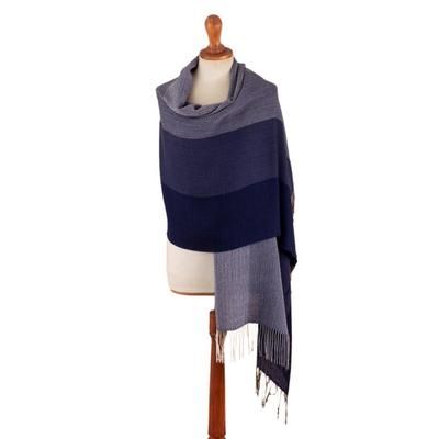 Twilight Grace,'Handloomed Striped Grey and Blue Baby Alpaca Blend Shawl'
