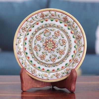 Fantasy in Spring,'Floral Handcrafted Red and Green Marble Decorative Plate'