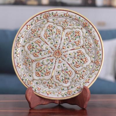 Blooming Celebration,'Traditional Floral and Leafy Marble Decorative Plate'