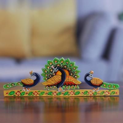 'Hand-Carved and Painted Kadam Wood Peacock Magnet from India'