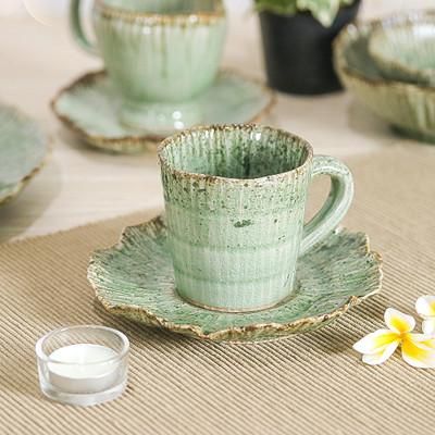 'Lotus-Inspired Speckled Green Celadon Ceramic Cup and Saucer'