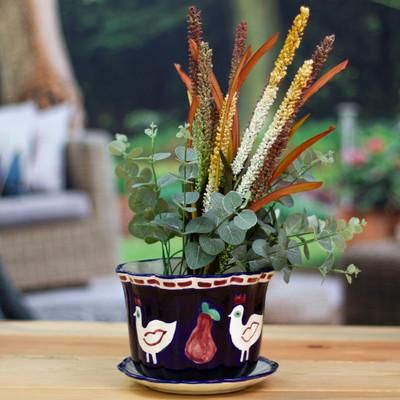 'Dove and Fruit-Themed Blue Ceramic Flower Pot and Saucer'