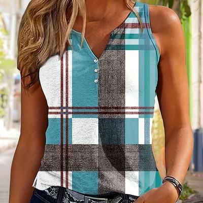 Plaid Pattern Notched V Neck Tank Top, Casual Button Detail Top For Spring & Summer, Women's Clothing