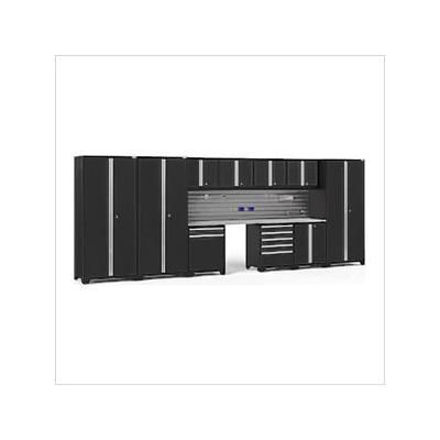 NewAge Garage Cabinets PRO Series Black 12-Piece Set with Stainless Steel Tops and Slatwall Hook Kit