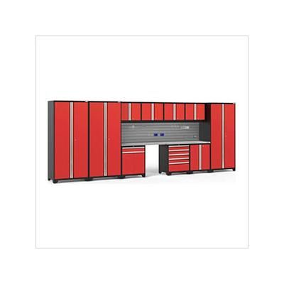 NewAge Garage Cabinets PRO Series Red 12-Piece Set with Stainless Steel Tops and Slatwall Hook Kit