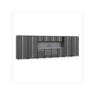NewAge Garage Cabinets PRO Series Grey 14-Piece Set with Stainless Steel Tops and Slatwall Hook Kit