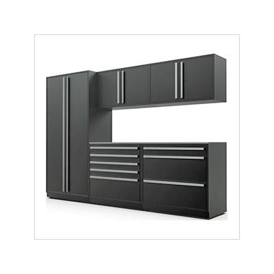 Proslat Garage Cabinets 6-Piece Mat Black Cabinet Set with Silver Handles and Stainless Steel Worktop