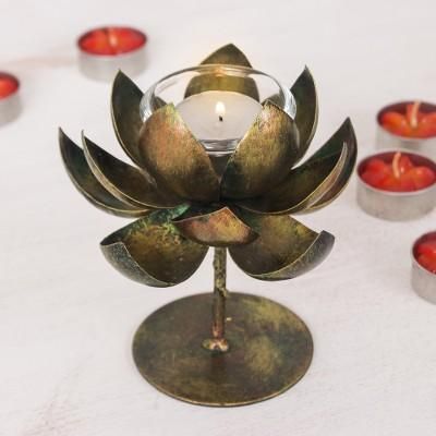 'Handmade Lotus-Shaped Antique Golden Steel Tealight Holder'
