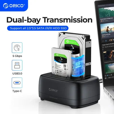 ORICO Dual-bay Hard Drive Station USB3.0 5Gbps Type-C HDD Docking Station with 12V 3A Power Adapter for 2.5/3.5 Inch HDD/SSD