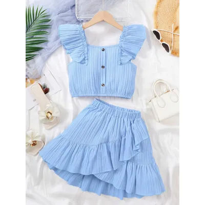 Kid Girls Summer Princess Clothing Set Flutter Sleeve Plain Color Tops+Short Skirt Sweet Style Party Wear For Child 8-12 Years