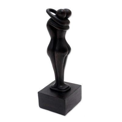 Meeting You,'Hand-Carved Black Suar Wood Embracing Couple Sculpture'