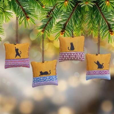'Set of 4 Cat-Themed Cotton Ornaments with Aluminum Bells'