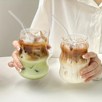 TEMU 2pcs Reusable Glass Cups With Straws, Transparent, Multipurpose, Hand Wash Only, For Home, Office